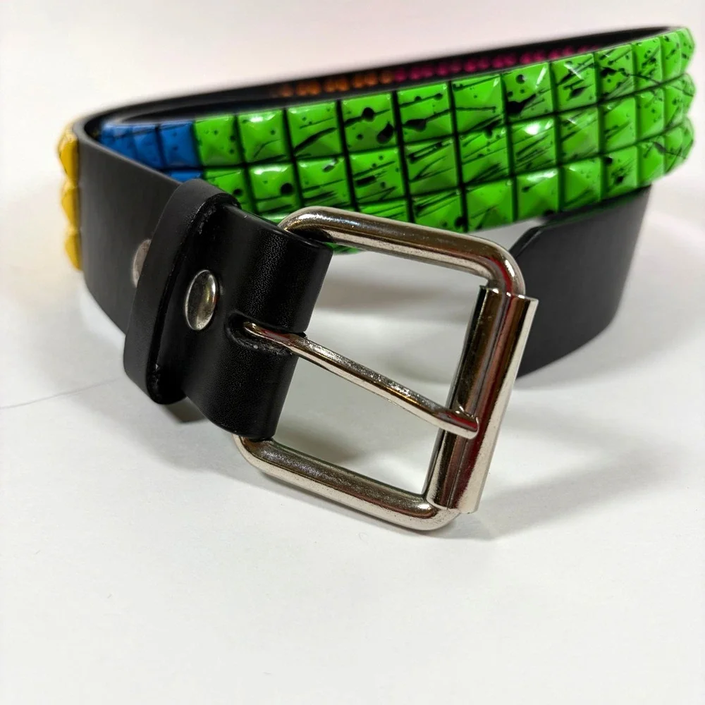 Y2K Neon Spiked Stud Belt 3 Row Splatter Punk Emo Scene Black Strap 38